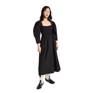 Ganni Black Cotton Poplin Open-Neck Smock Dress